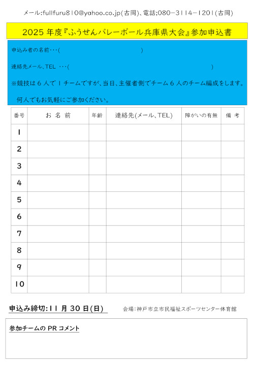 ふうせんバレーボール大会案内申込書